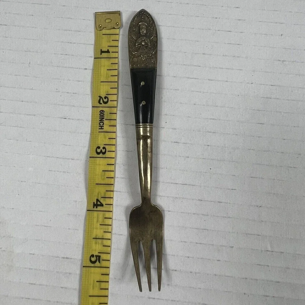 Vintage Siam Flatware Asian Thai Brass And Teakwood HANDLE- Small Fork Cheese